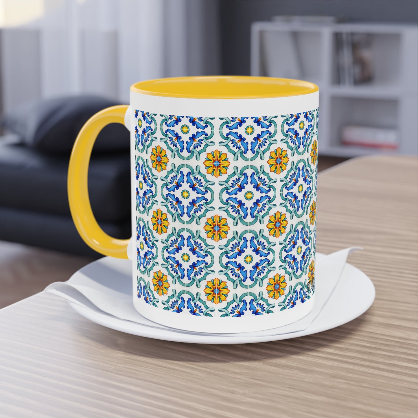Azulejos Cup | Mug bicolore en céramique avec motif mosaïque méditerranéen – 330ml