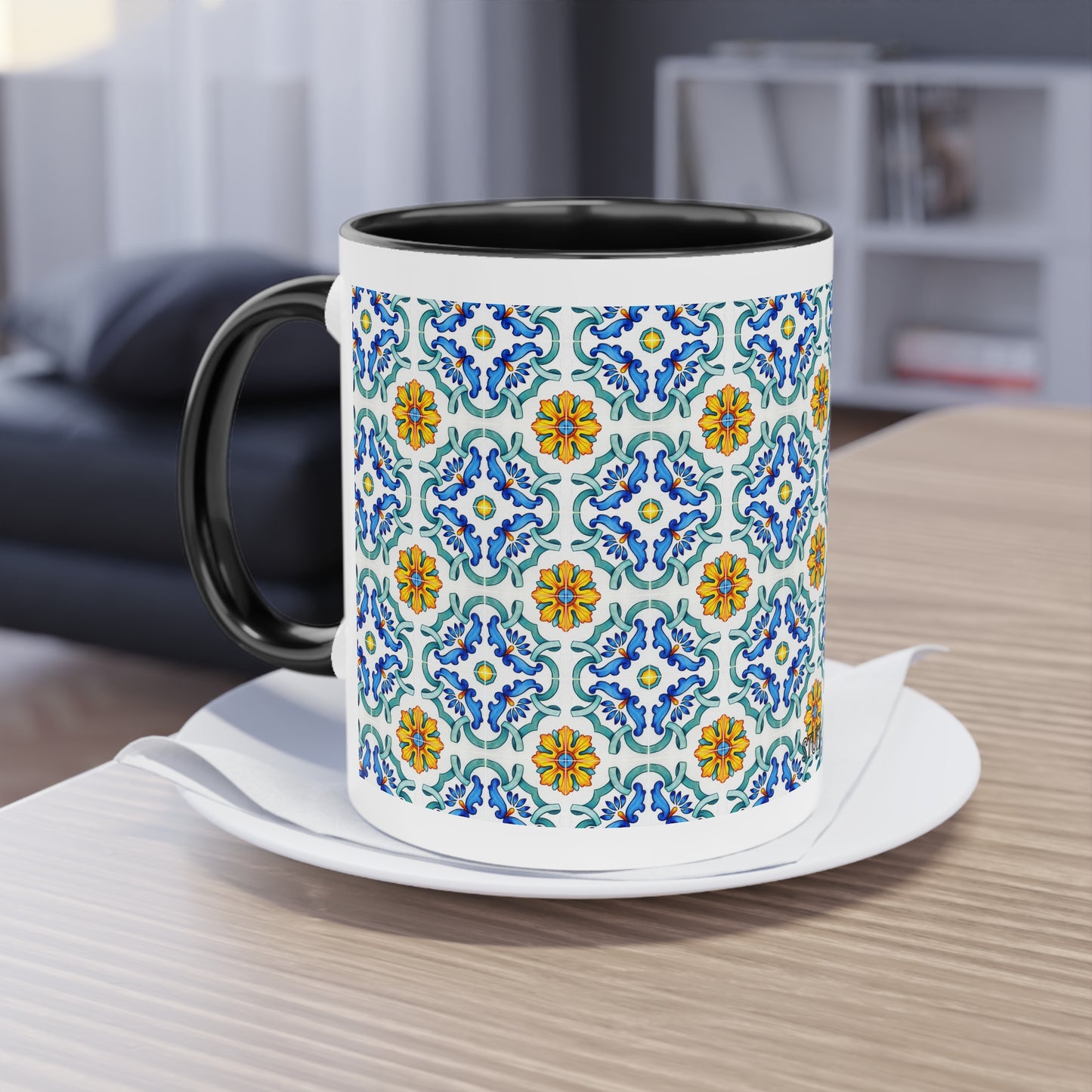 Azulejos Cup | Mug bicolore en céramique avec motif mosaïque méditerranéen – 330ml