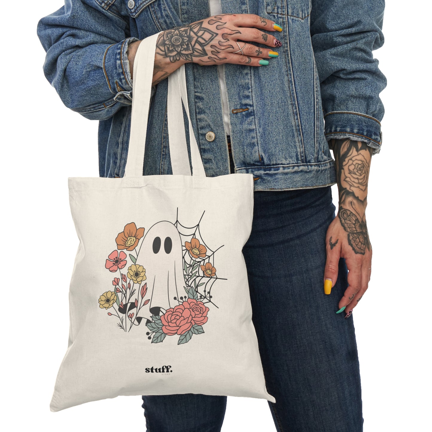 spooky flower power natural tote bag