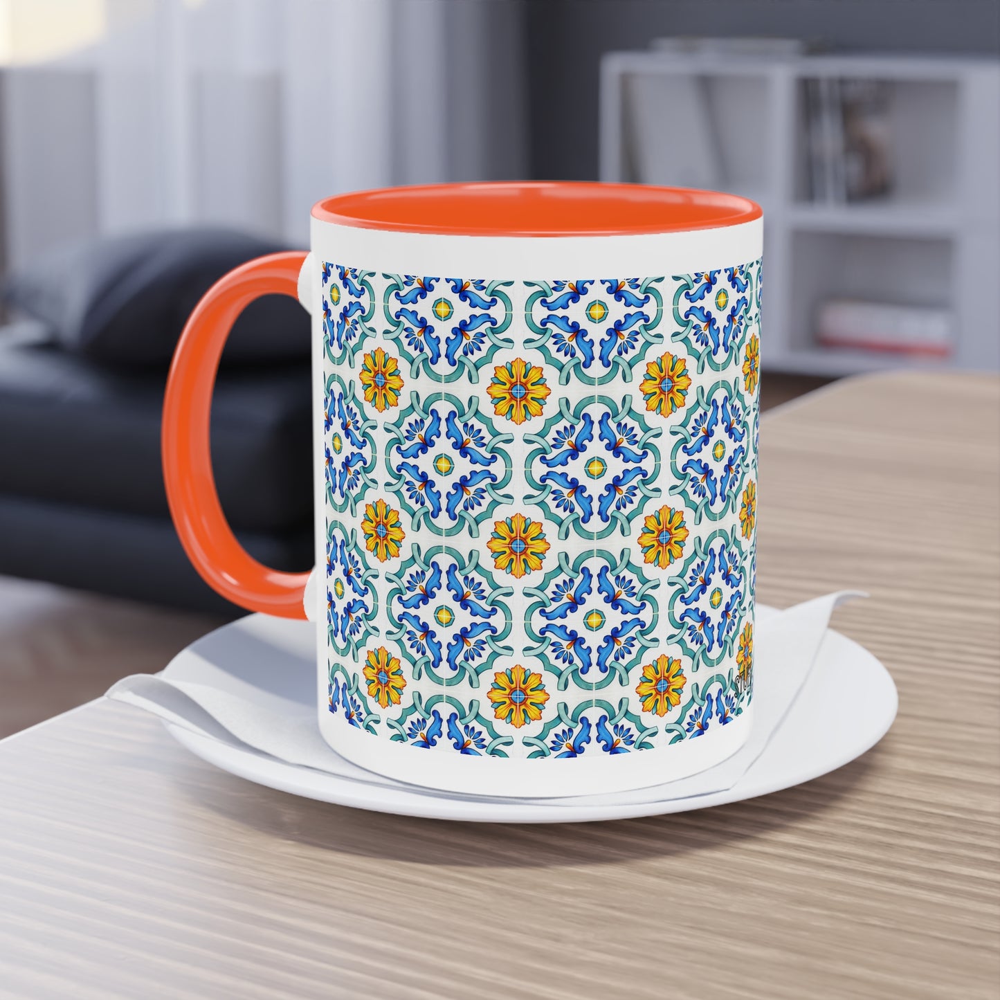 Azulejos Cup | Mug bicolore en céramique avec motif mosaïque méditerranéen – 330ml