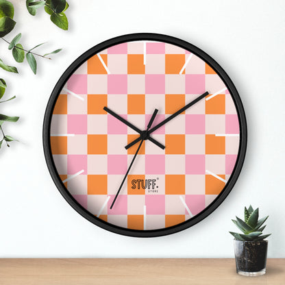 Horloge Murale Vintage Peachy | Design Rétro à Damier Orange et Rose