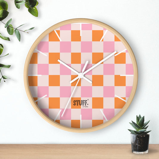 Horloge Murale Vintage Peachy | Design Rétro à Damier Orange et Rose