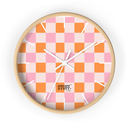 Horloge Murale Vintage Peachy | Design Rétro à Damier Orange et Rose