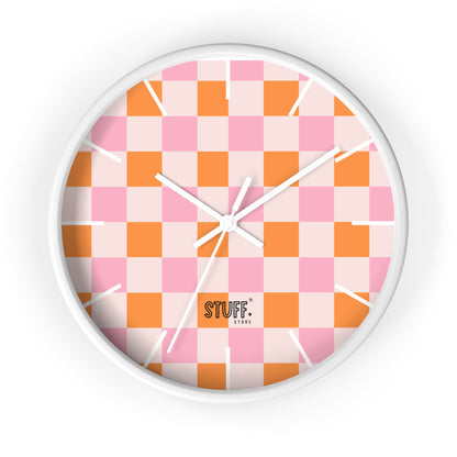 Horloge Murale Vintage Peachy | Design Rétro à Damier Orange et Rose