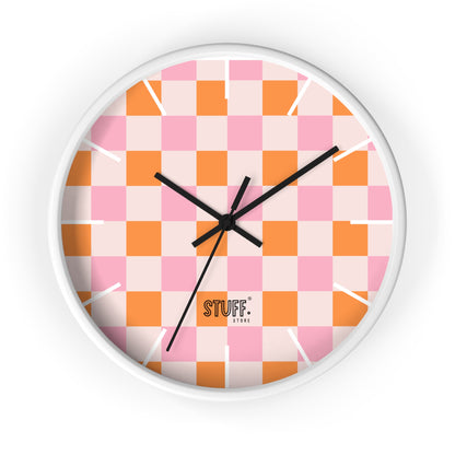 Horloge Murale Vintage Peachy | Design Rétro à Damier Orange et Rose