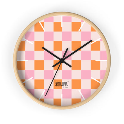 Horloge Murale Vintage Peachy | Design Rétro à Damier Orange et Rose