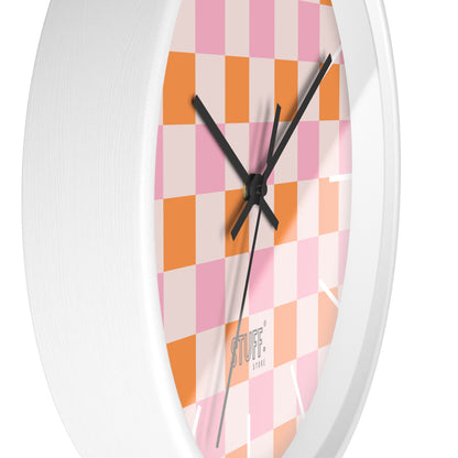 Horloge Murale Vintage Peachy | Design Rétro à Damier Orange et Rose